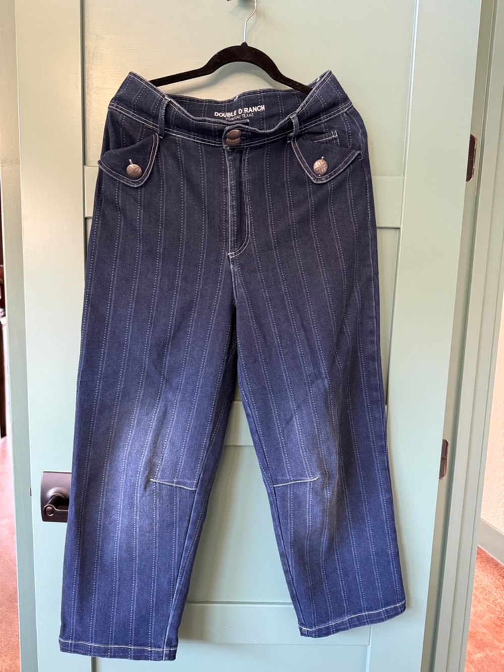 Double D Ranch Women's Navy Pinstripe High Waist Barrel-Leg Jeans